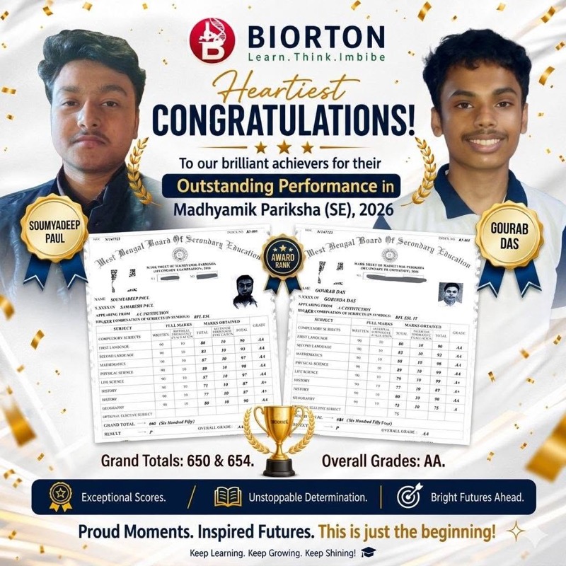 BIORTON students Soumyadeep Paul and Gourab Das — Madhyamik 2026, grand totals 650 and 654, overall grades AA